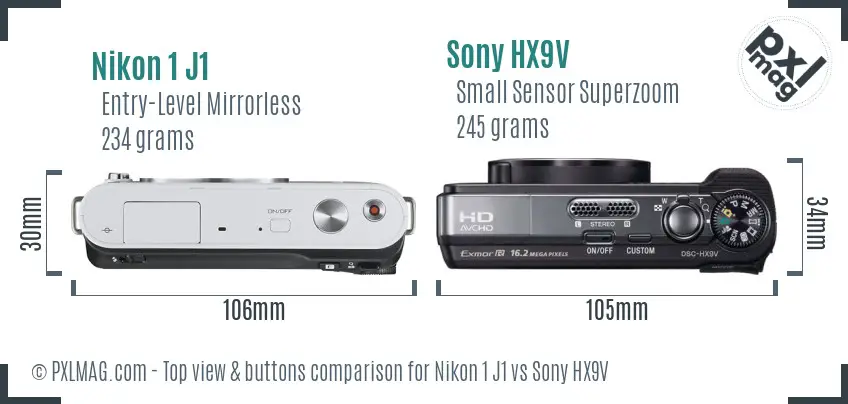 Nikon 1 J1 vs Sony HX9V top view buttons comparison