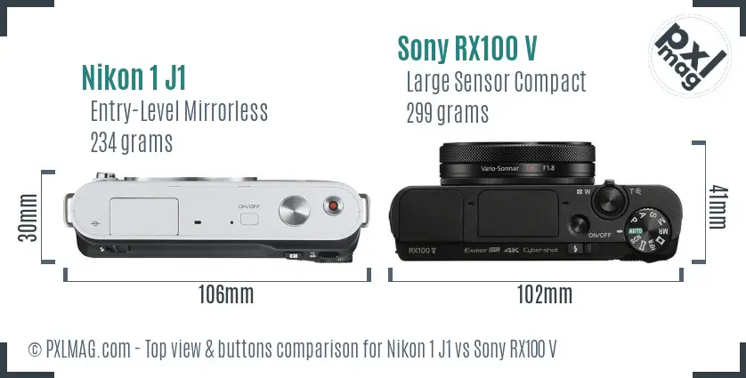 Nikon 1 J1 vs Sony RX100 V top view buttons comparison Nikon 1 J1 vs Sony RX100 V top view buttons comparison