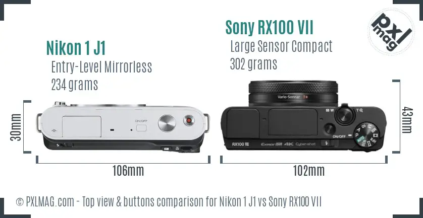 Nikon 1 J1 vs Sony RX100 VII top view buttons comparison