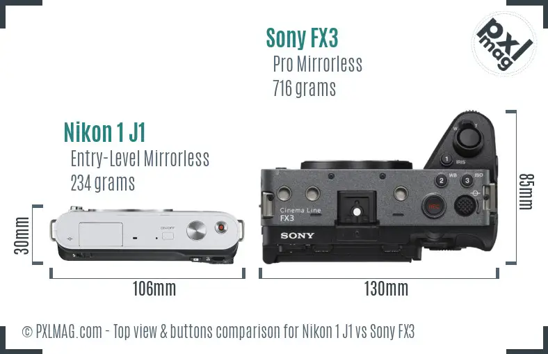 Nikon 1 J1 vs Sony FX3 top view buttons comparison