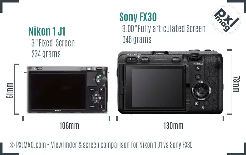 Nikon 1 J1 vs Sony FX30 Screen and Viewfinder comparison