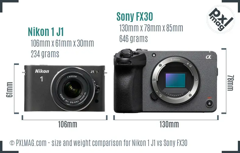 Nikon 1 J1 vs Sony FX30 size comparison