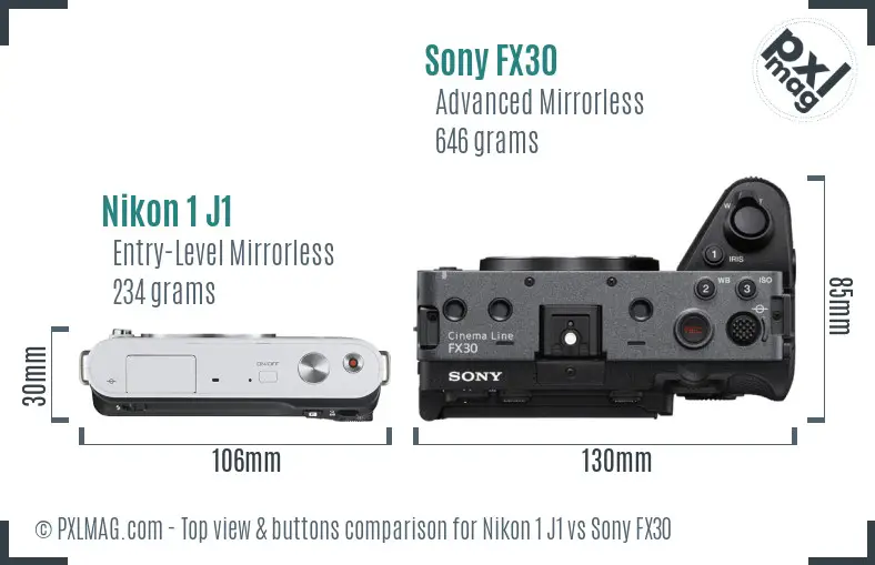 Nikon 1 J1 vs Sony FX30 top view buttons comparison