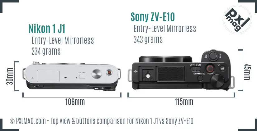 Nikon 1 J1 vs Sony ZV-E10 top view buttons comparison
