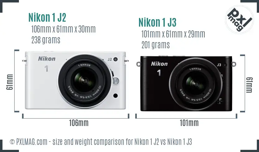 Nikon 1 J2 vs Nikon 1 J3 size comparison