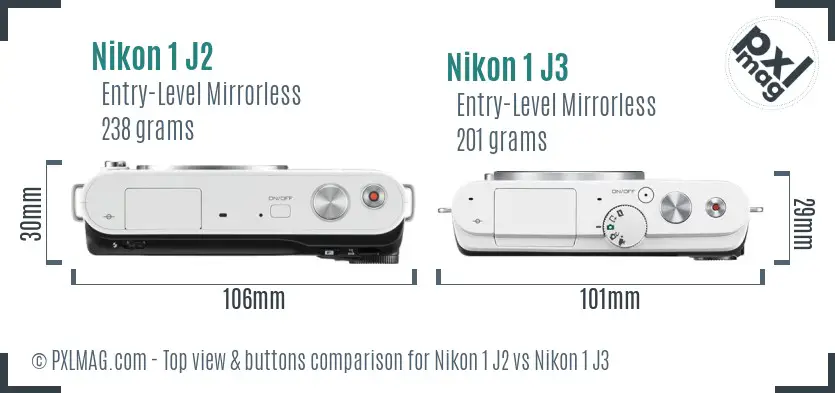 Nikon 1 J2 vs Nikon 1 J3 top view buttons comparison