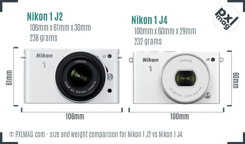 Nikon 1 J2 vs Nikon 1 J4 size comparison