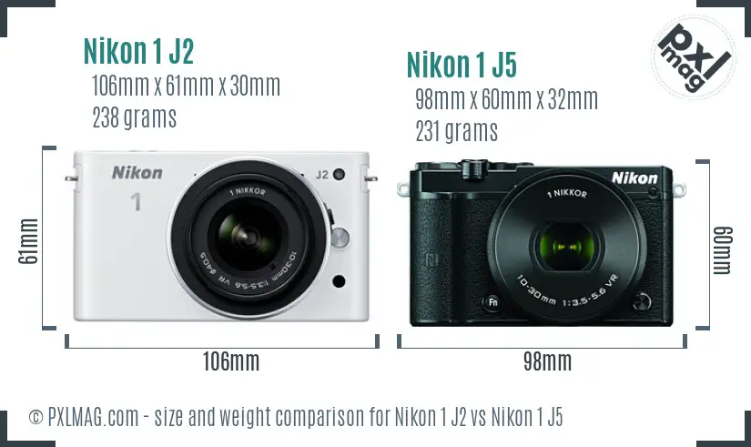 Nikon 1 J2 vs Nikon 1 J5 size comparison
