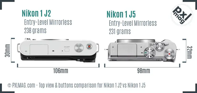 Nikon 1 J2 vs Nikon 1 J5 top view buttons comparison