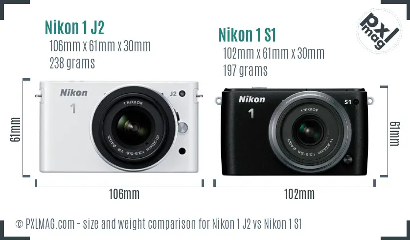 Nikon 1 J2 vs Nikon 1 S1 size comparison