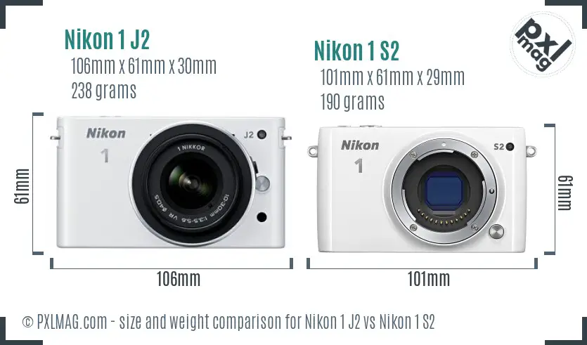 Nikon 1 J2 vs Nikon 1 S2 size comparison