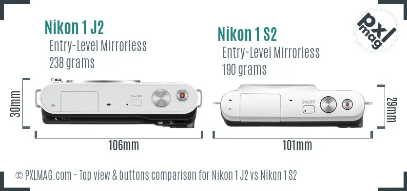 Nikon 1 J2 vs Nikon 1 S2 top view buttons comparison