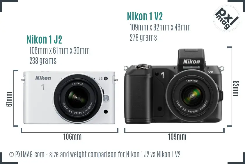 Nikon 1 J2 vs Nikon 1 V2 size comparison
