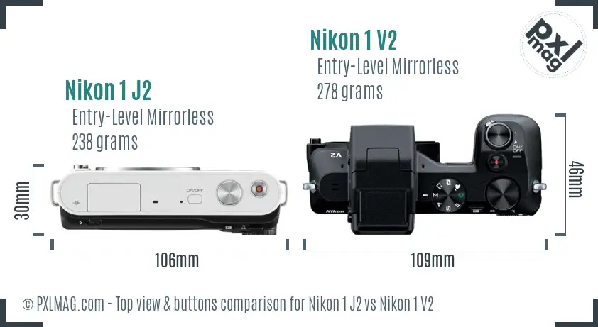 Nikon 1 J2 vs Nikon 1 V2 top view buttons comparison