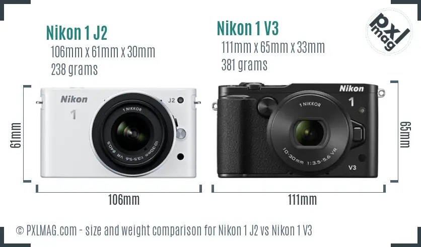 Nikon 1 J2 vs Nikon 1 V3 size comparison