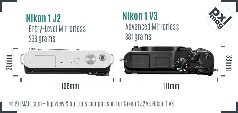 Nikon 1 J2 vs Nikon 1 V3 top view buttons comparison