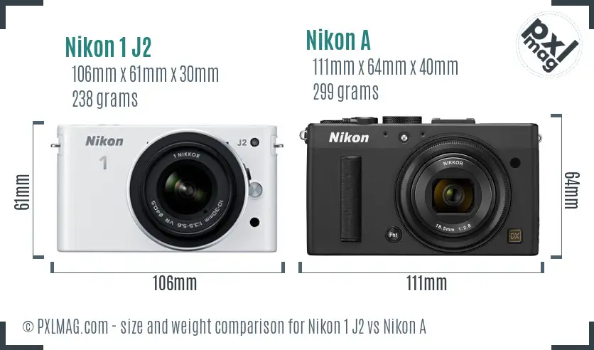 Nikon 1 J2 vs Nikon A size comparison