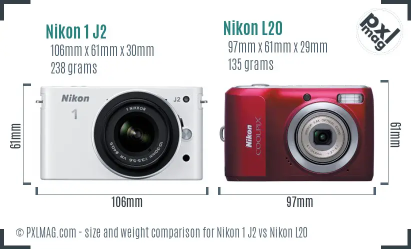 Nikon 1 J2 vs Nikon L20 size comparison