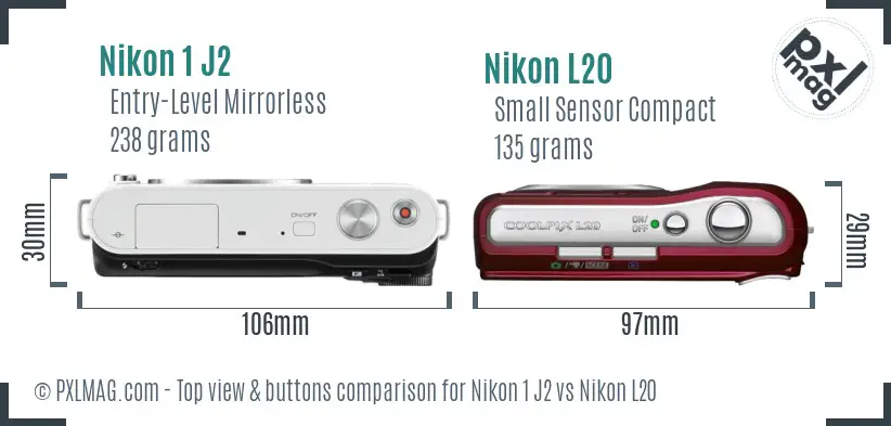 Nikon 1 J2 vs Nikon L20 top view buttons comparison