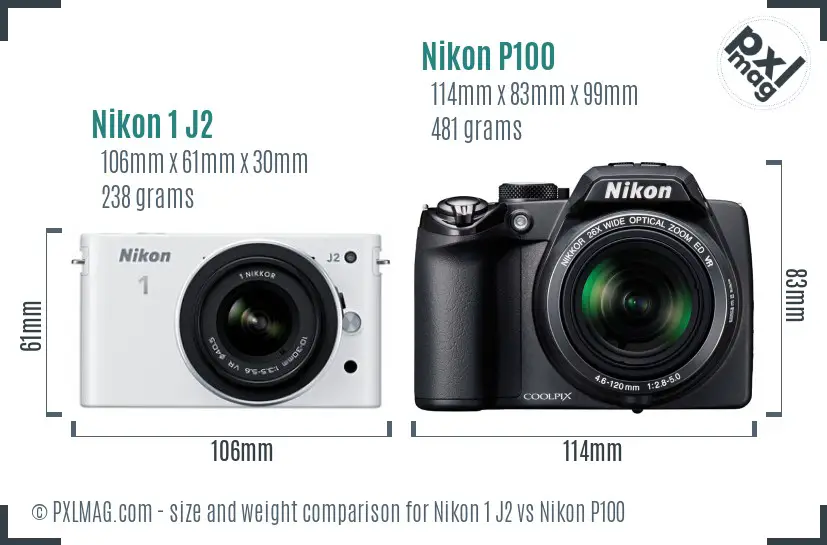 Nikon 1 J2 vs Nikon P100 size comparison