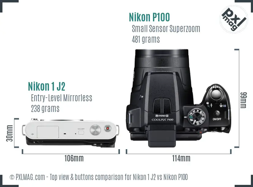 Nikon 1 J2 vs Nikon P100 top view buttons comparison