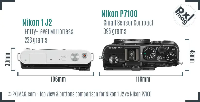 Nikon 1 J2 vs Nikon P7100 top view buttons comparison