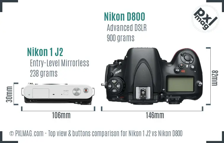 Nikon 1 J2 vs Nikon D800 top view buttons comparison