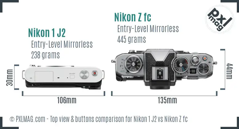 Nikon 1 J2 vs Nikon Z fc top view buttons comparison