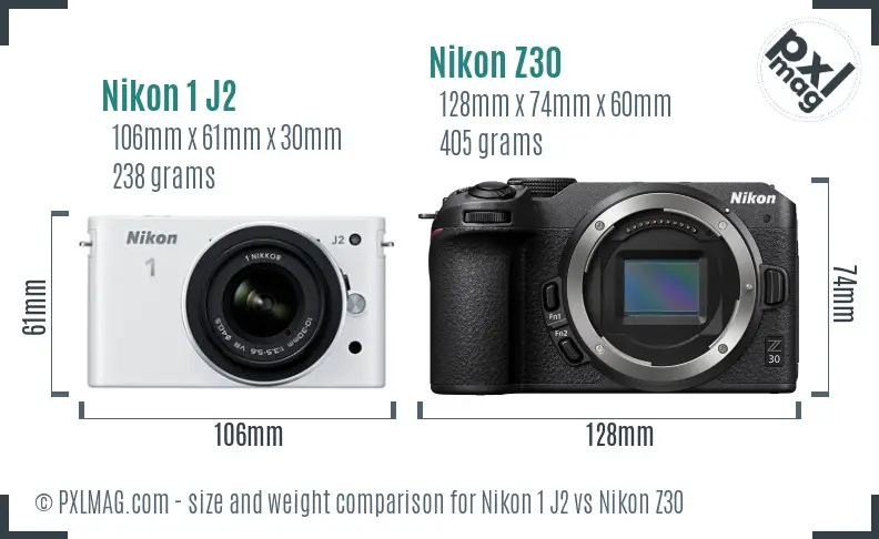 Nikon 1 J2 vs Nikon Z30 size comparison