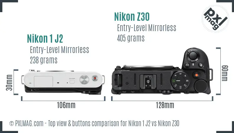 Nikon 1 J2 vs Nikon Z30 top view buttons comparison