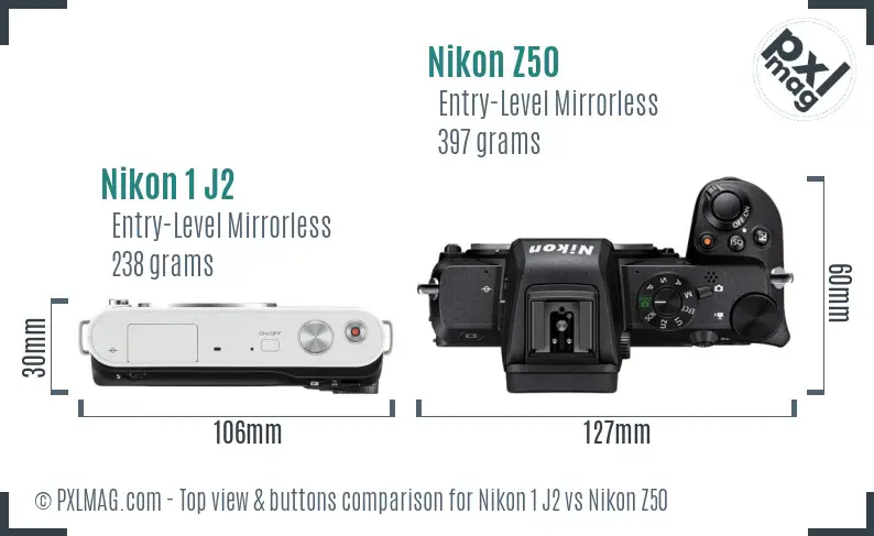 Nikon 1 J2 vs Nikon Z50 top view buttons comparison
