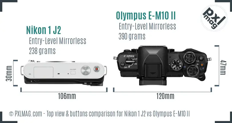Nikon 1 J2 vs Olympus E-M10 II top view buttons comparison