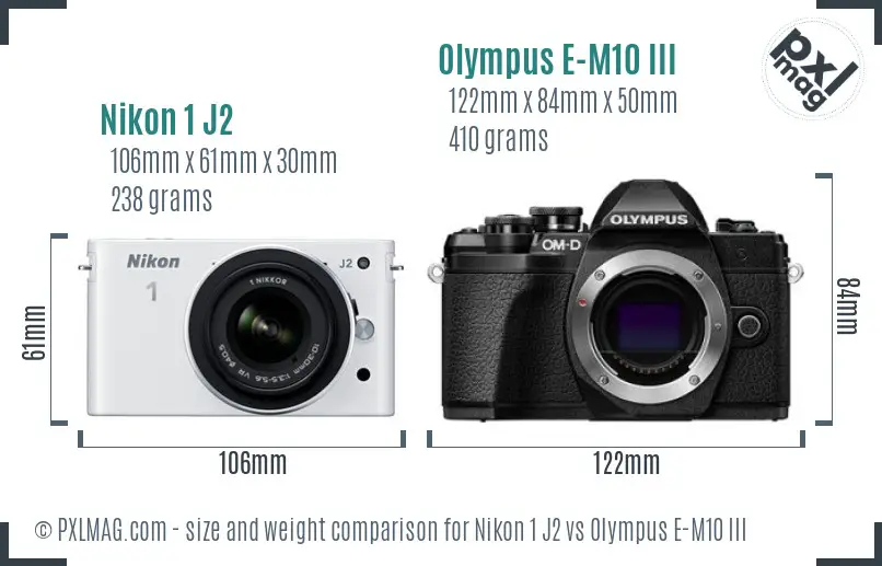 Nikon 1 J2 vs Olympus E-M10 III size comparison