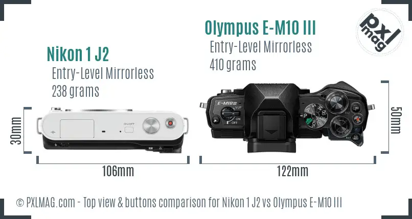 Nikon 1 J2 vs Olympus E-M10 III top view buttons comparison