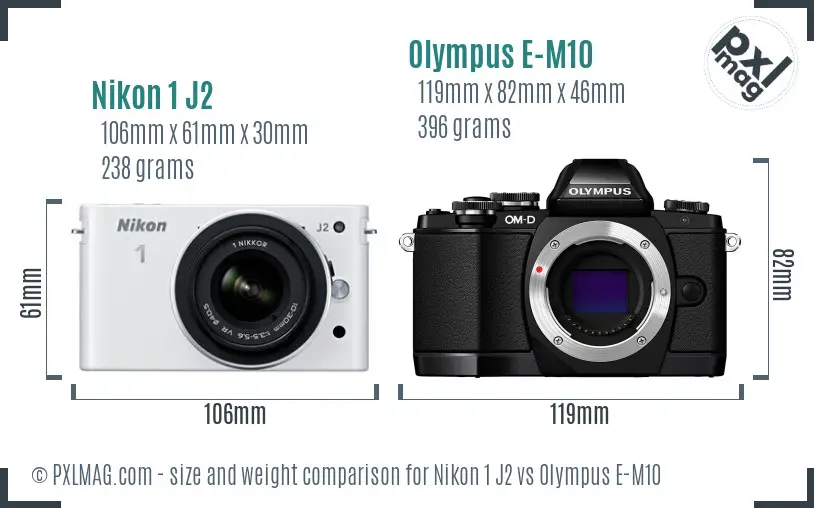 Nikon 1 J2 vs Olympus E-M10 size comparison