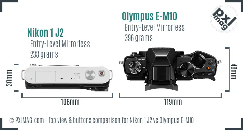 Nikon 1 J2 vs Olympus E-M10 top view buttons comparison