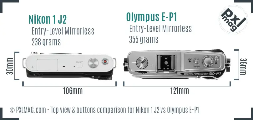 Nikon 1 J2 vs Olympus E-P1 top view buttons comparison