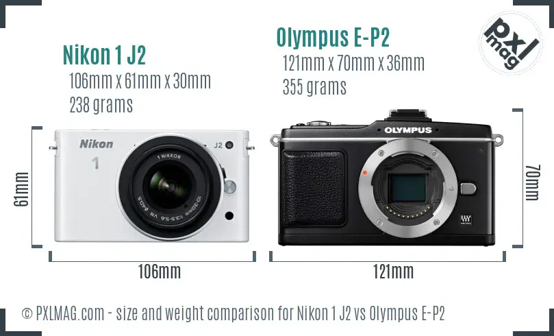 Nikon 1 J2 vs Olympus E-P2 size comparison Nikon 1 J2 vs Olympus E-P2 size comparison