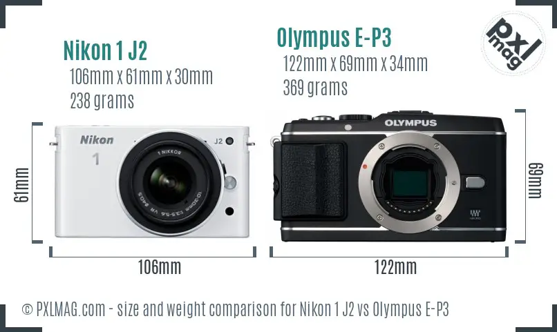 Nikon 1 J2 vs Olympus E-P3 size comparison