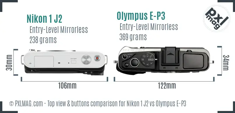 Nikon 1 J2 vs Olympus E-P3 top view buttons comparison