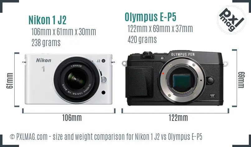 Nikon 1 J2 vs Olympus E-P5 size comparison
