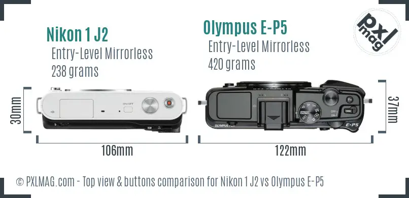 Nikon 1 J2 vs Olympus E-P5 top view buttons comparison