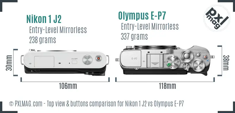 Nikon 1 J2 vs Olympus E-P7 top view buttons comparison