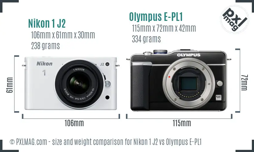 Nikon 1 J2 vs Olympus E-PL1 size comparison