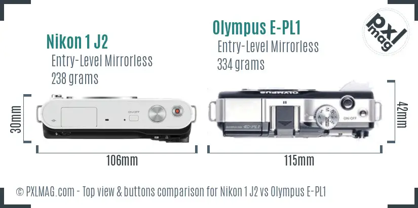 Nikon 1 J2 vs Olympus E-PL1 top view buttons comparison