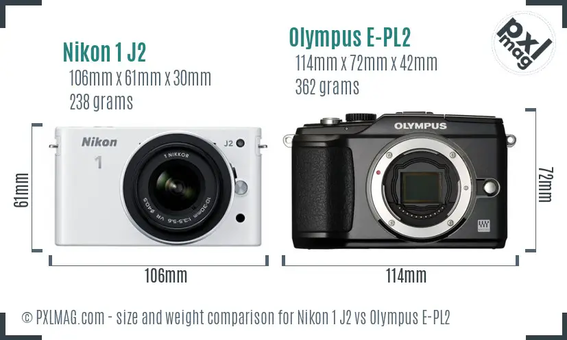 Nikon 1 J2 vs Olympus E-PL2 size comparison