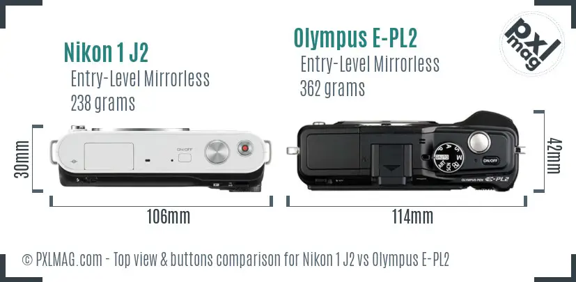 Nikon 1 J2 vs Olympus E-PL2 top view buttons comparison