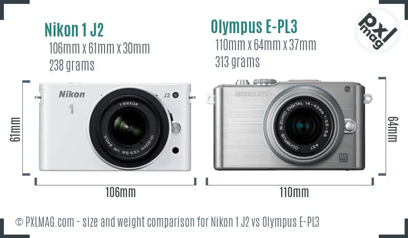 Nikon 1 J2 vs Olympus E-PL3 size comparison