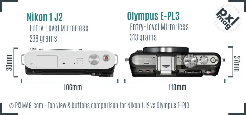 Nikon 1 J2 vs Olympus E-PL3 top view buttons comparison