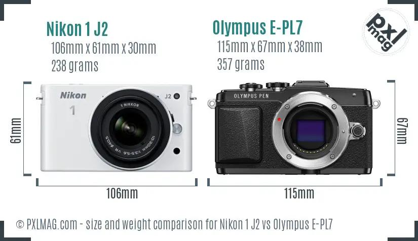 Nikon 1 J2 vs Olympus E-PL7 size comparison